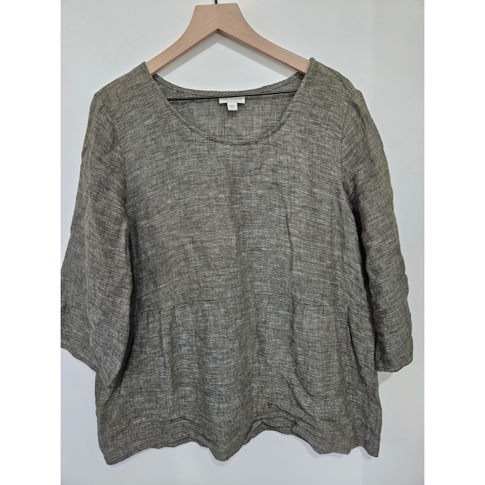Pure Jill J. Jill Linen Blend Marled Knit Top Olive Green XL 3/4 Sleeve Scoop Ne